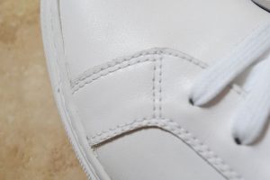 closeup of the stitching for the kent wang handgrade sneaker
