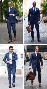 blue suit with brown shoes