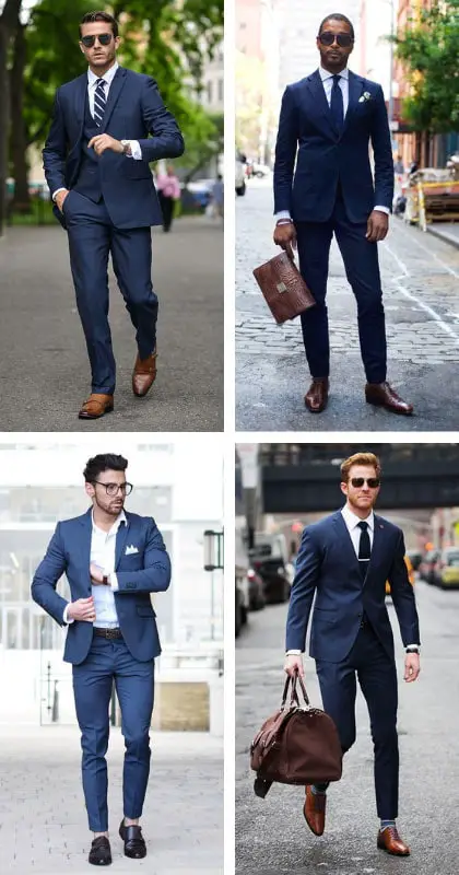 light blue suit tan shoes