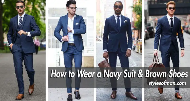 navy blue suit with brown shoes