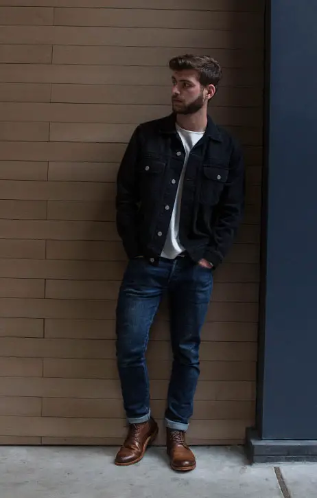 black jean jacket with navy jeans outfit