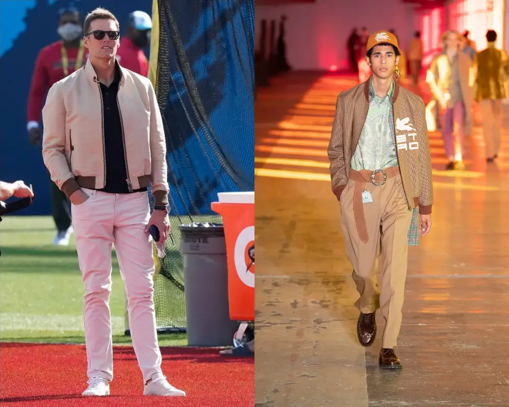 Tom Brady outfit bomber jacket Tom Ford Etro Fall 2021 men's jackets and coats