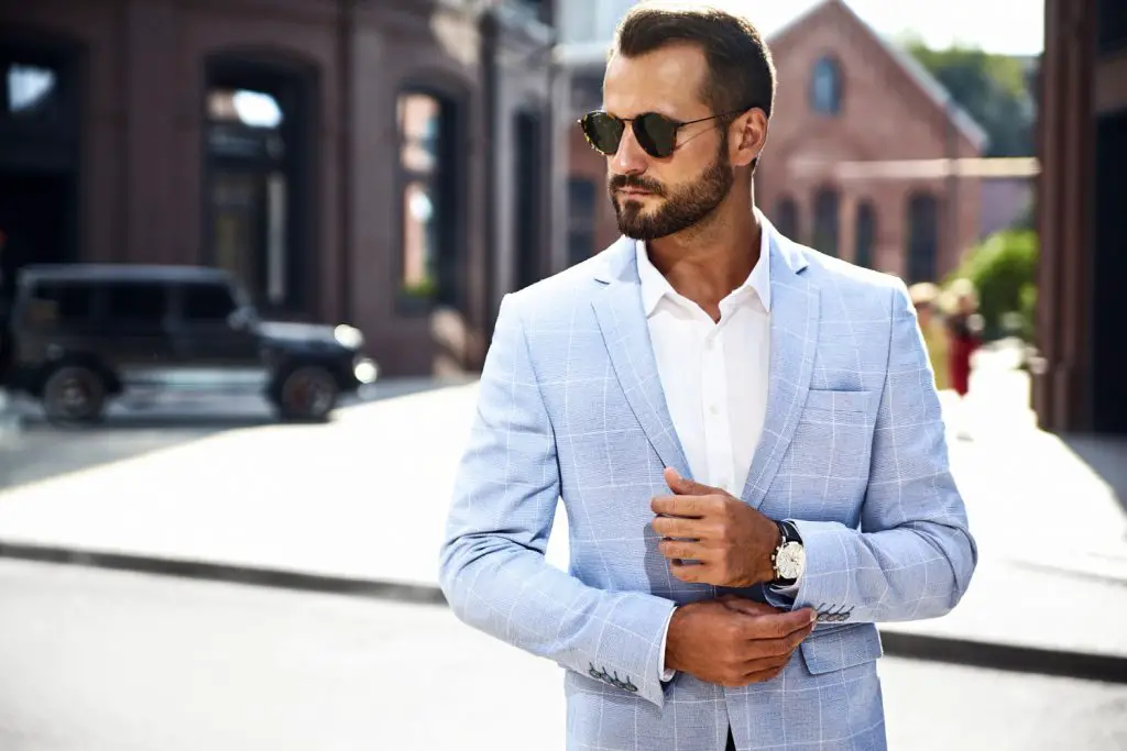 light blue suit without a tie